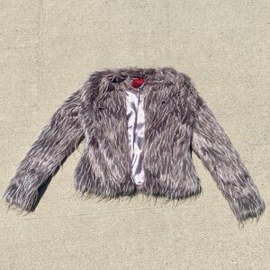 2000s vintage brown and gray fur coat with satin purple grey lining